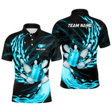 Load image into Gallery viewer, Black Mens bowling shirts Custom Cyan Blue flame Bowling ball and pins Team league bowler Jerseys NQS8486