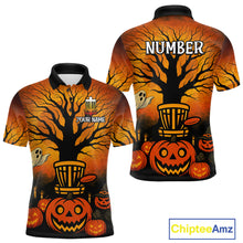Load image into Gallery viewer, Black and Orange Funny pumpkin Halloween disc golf polo shirts for men Custom Team Disc Golf attire NQS10677