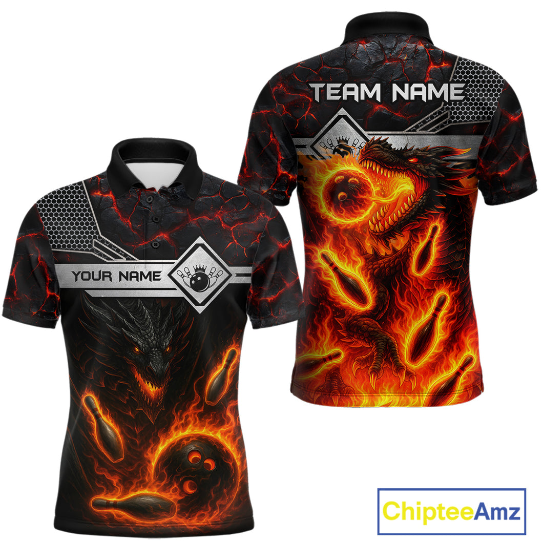 Black And Red Flame Custom Dragon Bowling Shirts For Men, Bowling League Shirts NQS11070