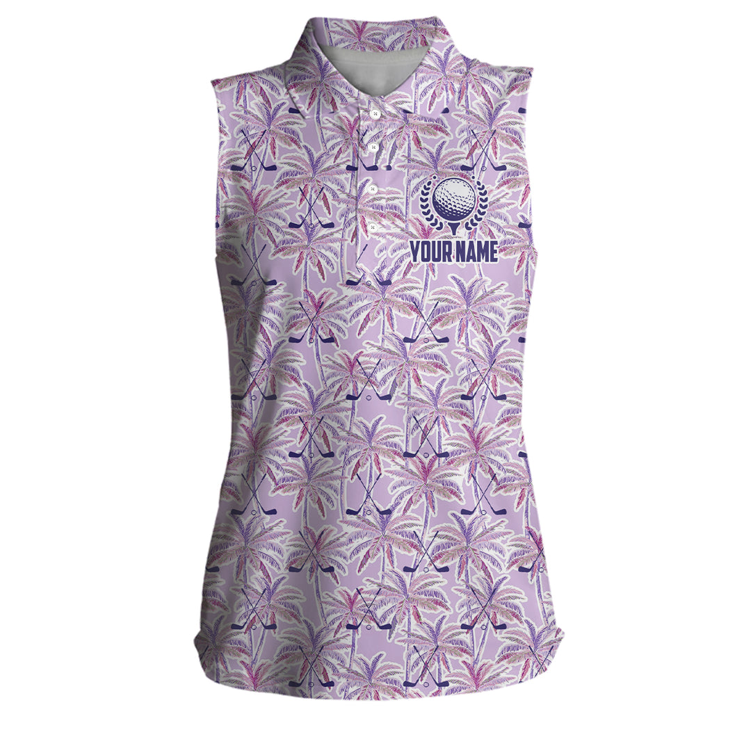 Purple palm tree golf clubs pattern Womens sleeveless polo shirts custom golf shirts for ladies NQS6879