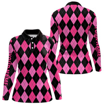 Load image into Gallery viewer, Womens golf polo shirts custom pink and black argyle plaid pattern golf attire for ladies NQS7646