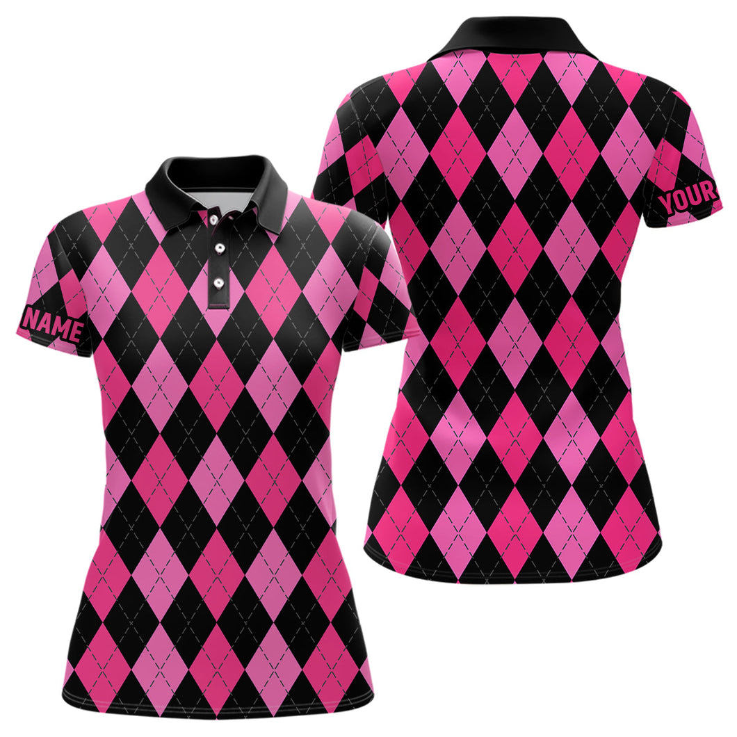 Womens golf polo shirts custom pink and black argyle plaid pattern golf attire for ladies NQS7646