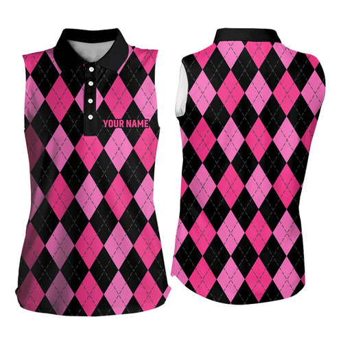 Women sleeveless polo shirt custom pink and black argyle plaid pattern golf attire for ladies NQS7646