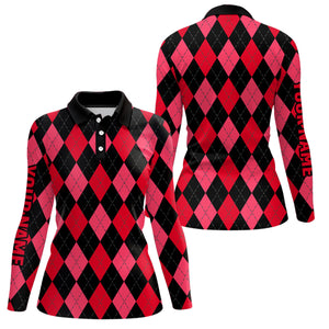 Womens golf polo shirts custom red and black argyle plaid pattern golf attire for ladies NQS7647