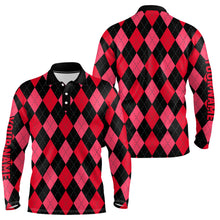 Load image into Gallery viewer, Mens golf polo shirts custom red and black argyle plaid pattern golf attire for men NQS7647