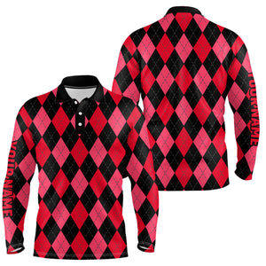 Mens golf polo shirts custom red and black argyle plaid pattern golf attire for men NQS7647