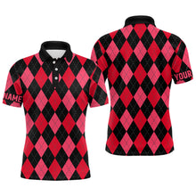 Load image into Gallery viewer, Mens golf polo shirts custom red and black argyle plaid pattern golf attire for men NQS7647