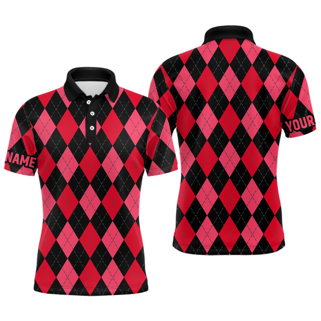 Mens golf polo shirts custom red and black argyle plaid pattern golf attire for men NQS7647