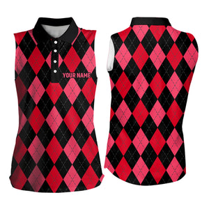 Women sleeveless polo shirt custom red and black argyle plaid pattern golf attire for ladies NQS7647