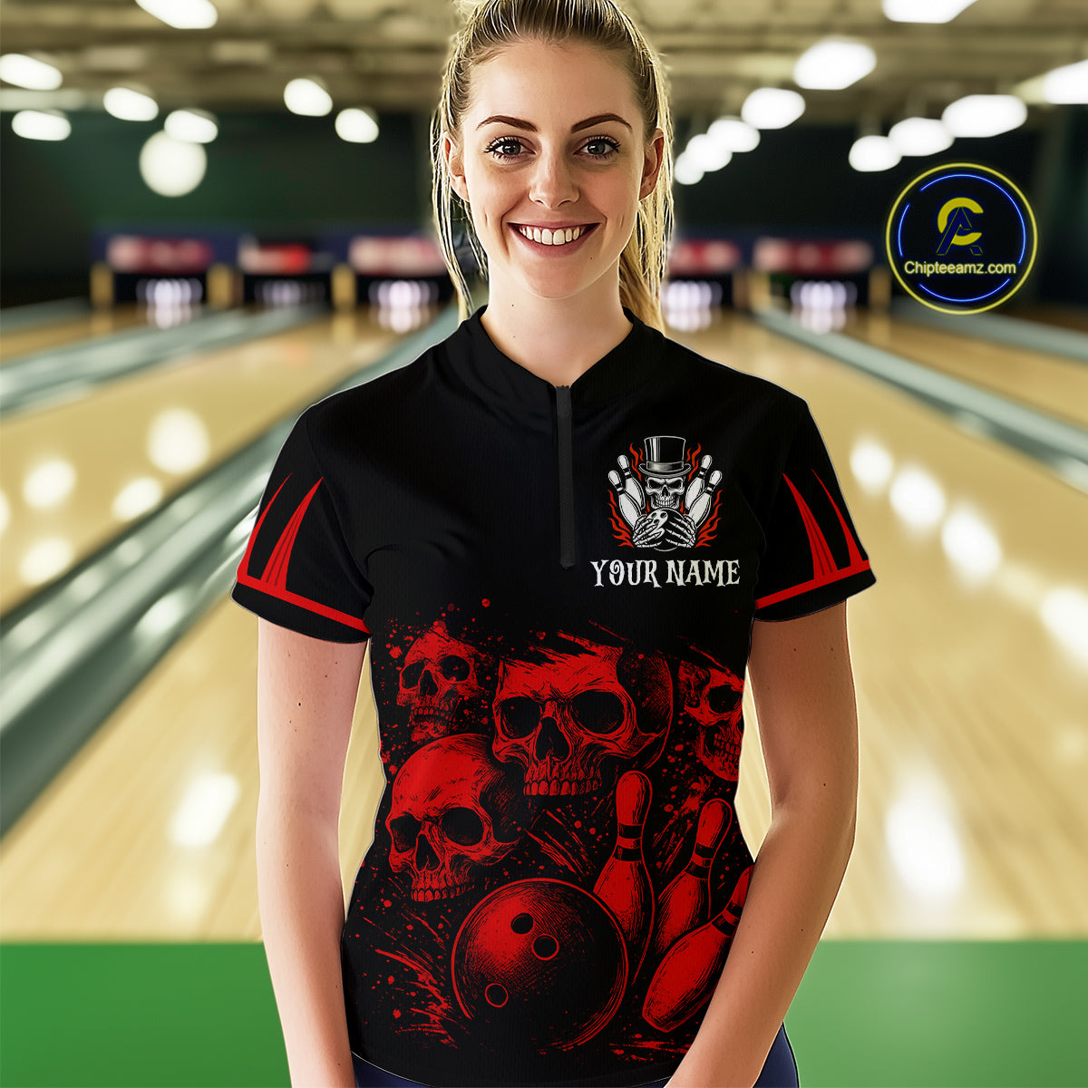 Black and Red Flame Skull Bowling Polo, Quarter Zip Shirts For Women Custom Skull Bowling Team Jerseys NQS9985