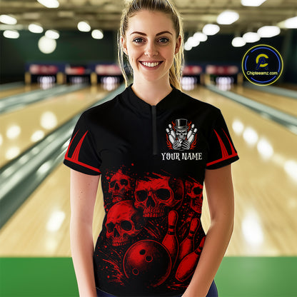 Black and Red Flame Skull Bowling Polo, Quarter Zip Shirts For Women Custom Skull Bowling Team Jerseys NQS9985