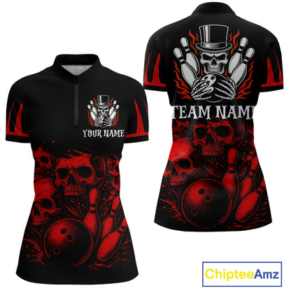 Black and Red Flame Skull Bowling Polo, Quarter Zip Shirts For Women Custom Skull Bowling Team Jerseys NQS9985