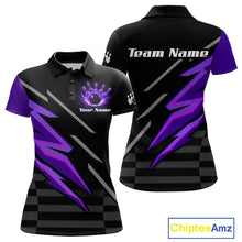 Load image into Gallery viewer, Black and Purple Lightning Bowling Polo, 1/4 Zip Shirt for Women Custom Bowling Team League Jersey NQS10907
