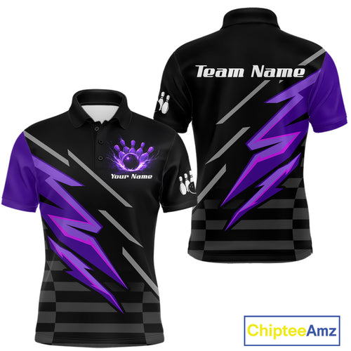 Black and Purple Lightning Bowling Polo, Quarter Zip Shirt for Men Custom Bowling Team League Jersey NQS10907