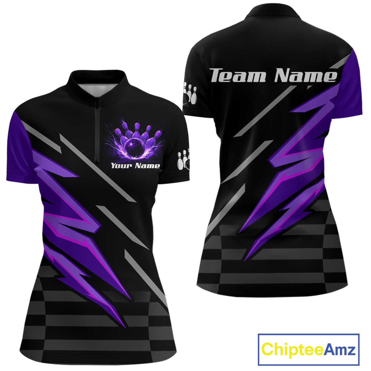 Black and Purple Lightning Bowling Polo, 1/4 Zip Shirt for Women Custom Bowling Team League Jersey NQS10907
