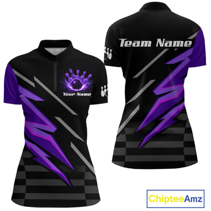 Black and Purple Lightning Bowling Polo, 1/4 Zip Shirt for Women Custom Bowling Team League Jersey NQS10907