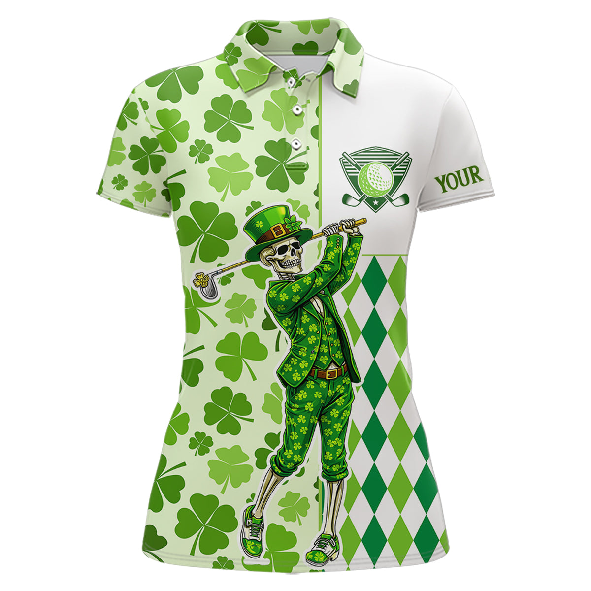 Green Shamrock argyle pattern St Patrick Skull Golf Polo Shirt For Women Custom women's golf outfits NQS 11507