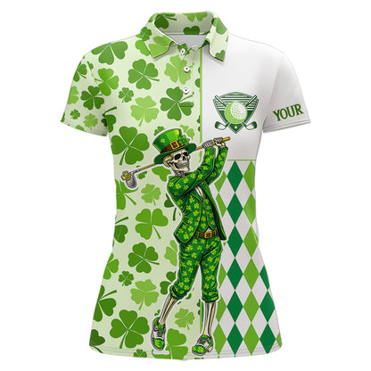 Green Shamrock argyle pattern St Patrick Skull Golf Polo Shirt For Women Custom women's golf outfits NQS 11507