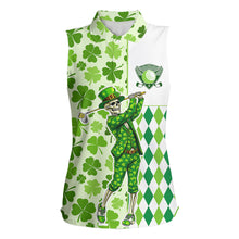 Load image into Gallery viewer, Green Shamrock argyle pattern St Patrick Skull ladies sleeveless golf shirts Custom women's golf top NQS 11507