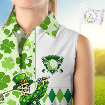 Green Shamrock argyle pattern St Patrick Skull ladies sleeveless golf shirts Custom women's golf top NQS 11507