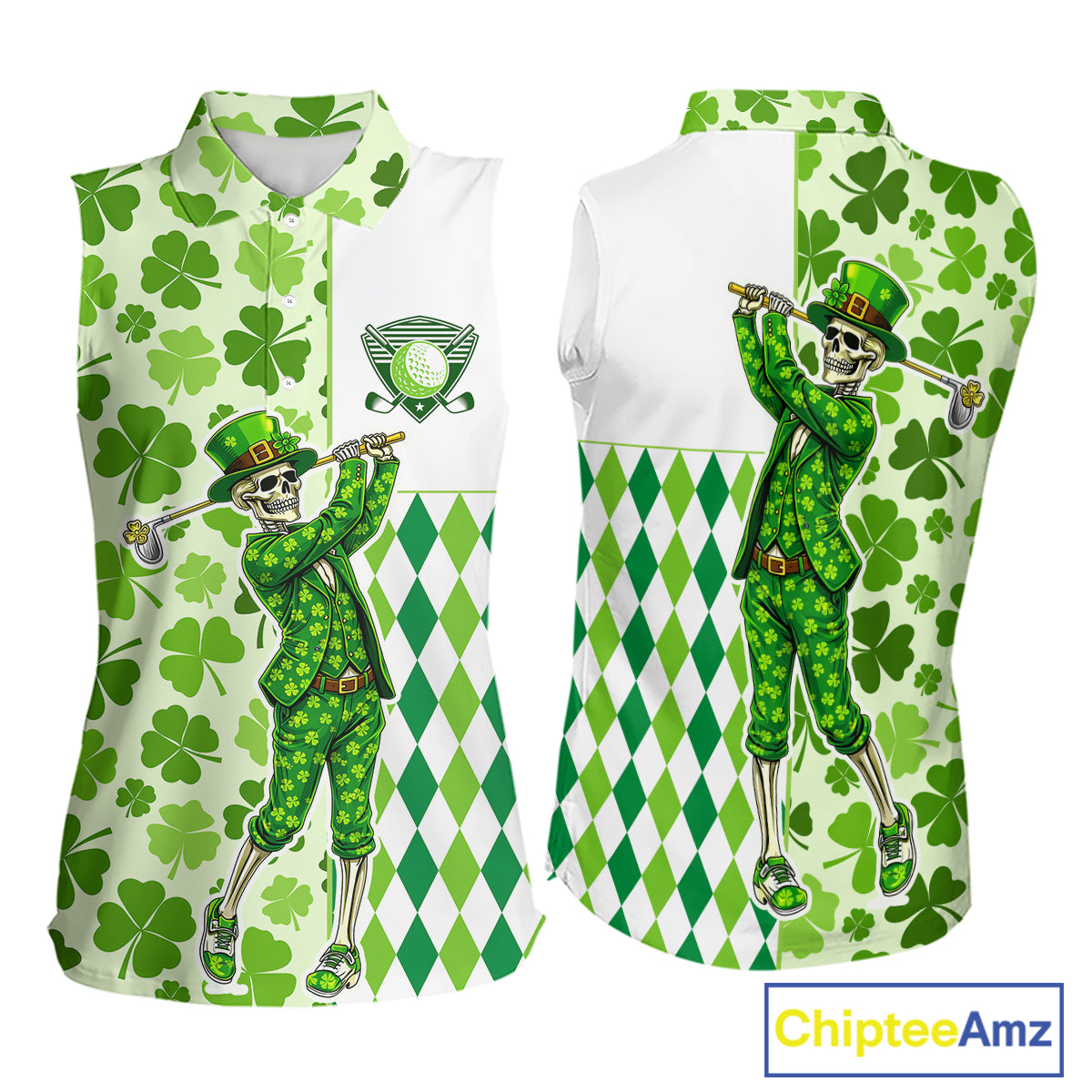 Green Shamrock argyle pattern St Patrick Skull ladies sleeveless golf shirts Custom women's golf top NQS 11507