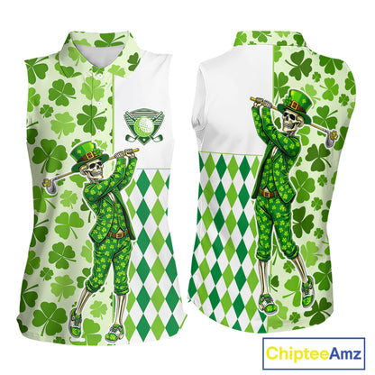 Green Shamrock argyle pattern St Patrick Skull ladies sleeveless golf shirts Custom women's golf top NQS 11507