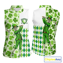 Load image into Gallery viewer, Green Shamrock argyle pattern St Patrick Skull ladies sleeveless golf shirts Custom women's golf top NQS 11507