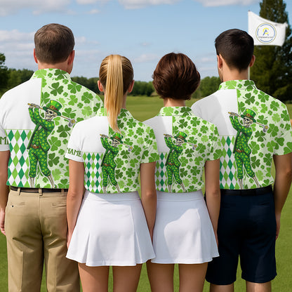Green Shamrock argyle pattern St Patrick's day Skull Golf Polo Shirts For Men Custom golf outfit men NQS 11507