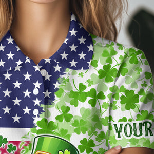 American flag St Patrick day shamrock golf pattern custom Women golf polo shirts, golf outfits ladies NQS9580