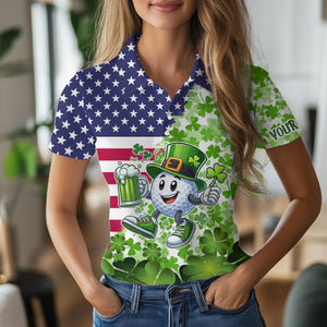 American flag St Patrick day shamrock golf pattern custom Women golf polo shirts, golf outfits ladies NQS9580