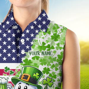 American flag St Patrick day shamrock pattern custom Women sleeveless polo shirt, golf outfits ladies NQS9580