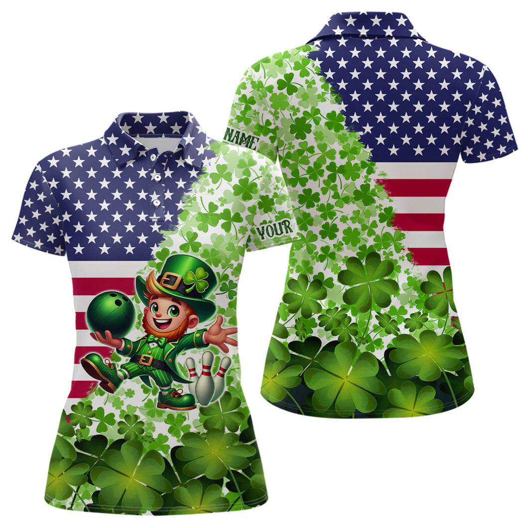 American flag St Patrick day shamrock pattern custom Team Bowling Polo, Quarter Zip shirt for Women NQS9581