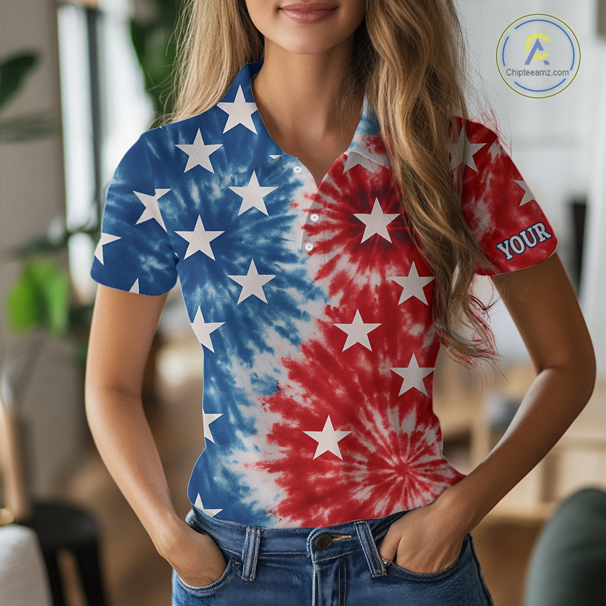 American Flag Tie dye pattern Womens golf polo shirt custom patriotic golf attire for ladies NQS9990