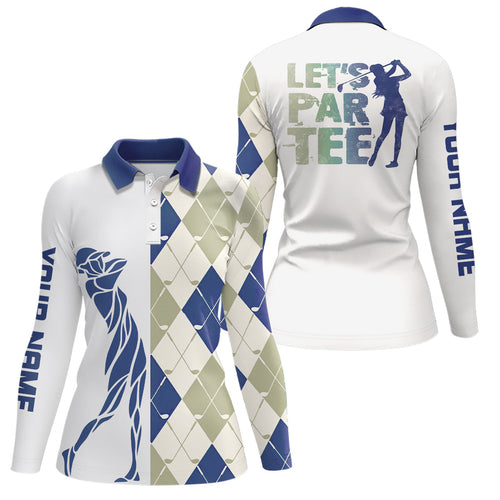 Blue and white golf shirt argyle pattern golf clubs custom name Womens golf polo shirts Let's par tee NQS8078