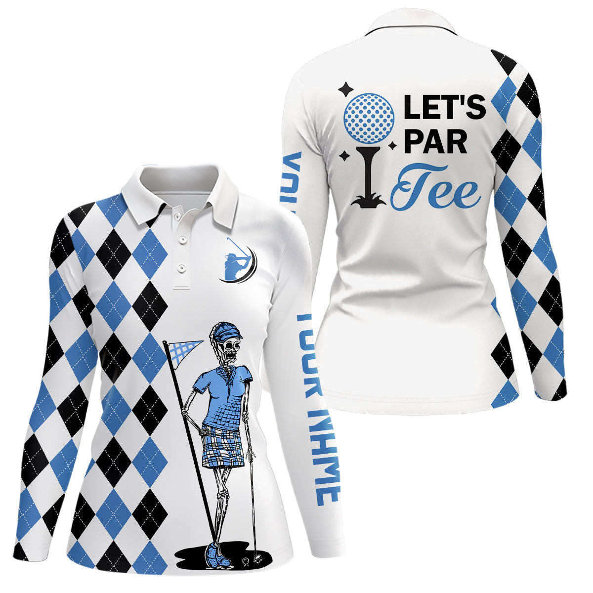 Black and blue argyle pattern Women golf polo shirts custom Let's par tee skull golf gifts for ladies NQS8081