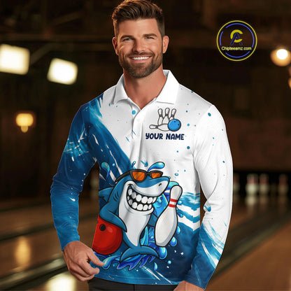 White and Blue Camo Shark Bowling polo, quarter zip shirts for Men Custom funny bowling team shirts NQS10280