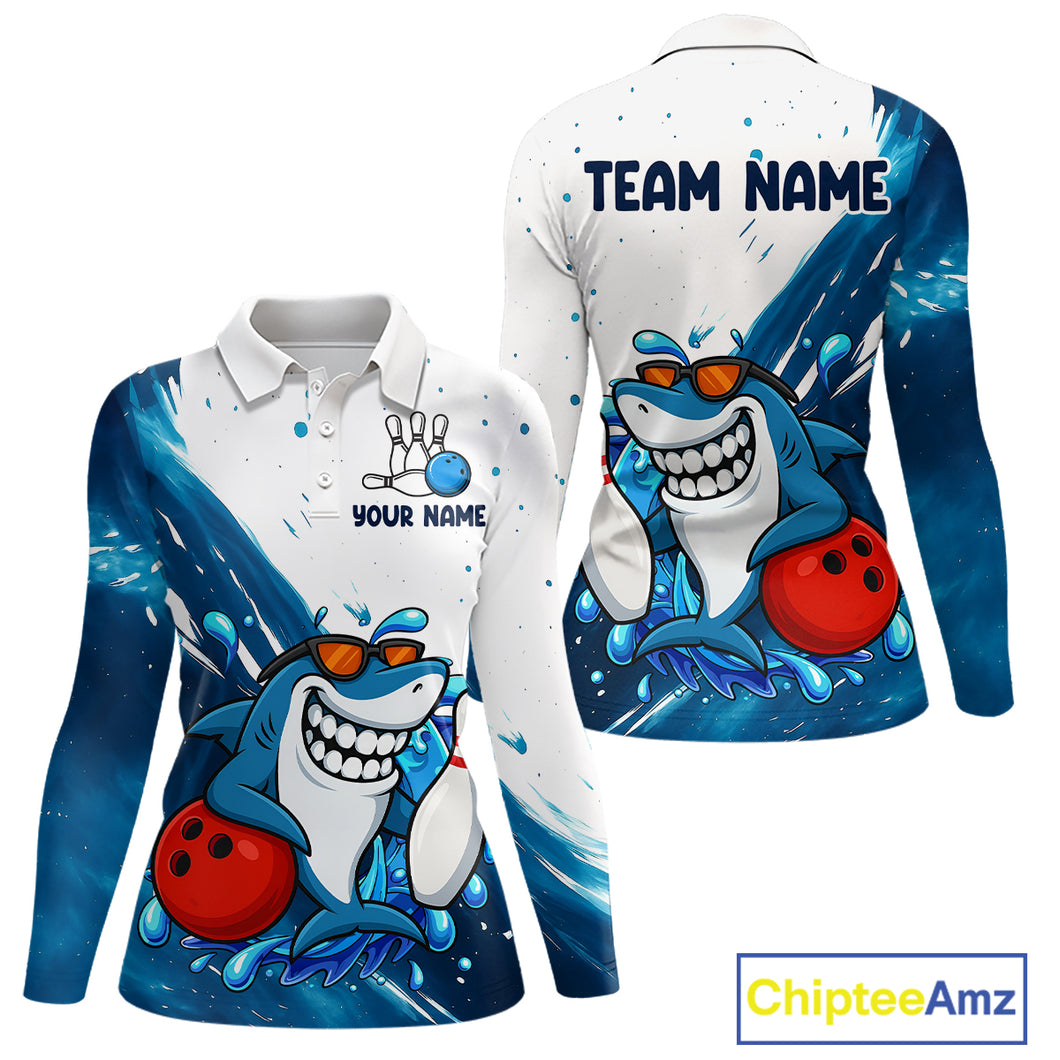 White and Blue Camo Shark Bowling polo, quarter zip shirts for Women Custom funny bowling team shirts NQS10280