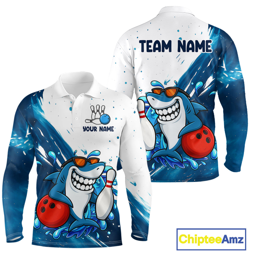 White and Blue Camo Shark Bowling polo, quarter zip shirts for Men Custom funny bowling team shirts NQS10280