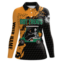 Load image into Gallery viewer, Black and orange Halloween golf skeleton Womens golf polo shirts custom got treats ladies golf tops NQS6174