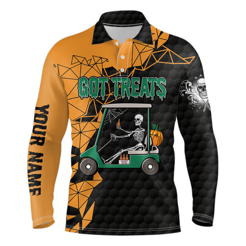 Black and orange Halloween golf skeleton Mens golf polo shirts custom name got treats golf outfits men NQS6174