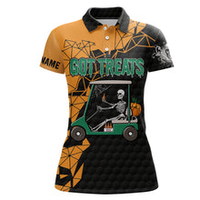 Load image into Gallery viewer, Black and orange Halloween golf skeleton Womens golf polo shirts custom got treats ladies golf tops NQS6174