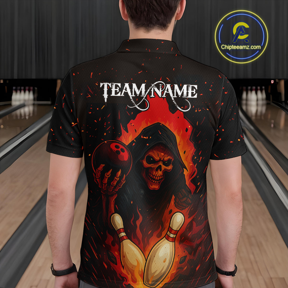 Black and Red Flame Skull Reaper Bowling Shirt For Men Custom Halloween Bowling Team Outfit Jerseys NQS10695
