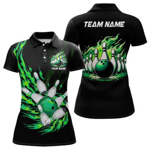 Green flame bowling ball and pins custom Womens Bowling Polo Shirts, team ladies bowling jerseys NQS7516