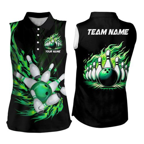 Green flame bowling ball and pins custom Women sleeveless Polo Shirt, team ladies bowling jerseys NQS7516