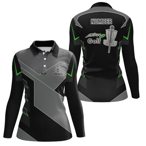 Womens disc golf polo shirt custom name, number black disc golf shirt, disc golf outfit for ladies NQS6194
