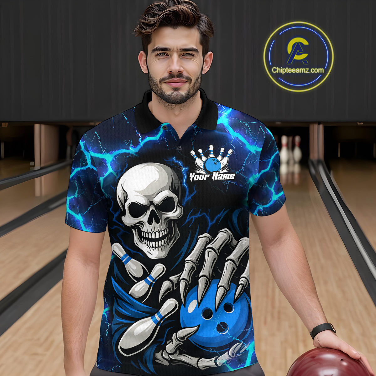 Custom Blue Lightning Thunder Skull Bowling Shirts For Men, Halloween Bowling Team Jerseys NQS10720