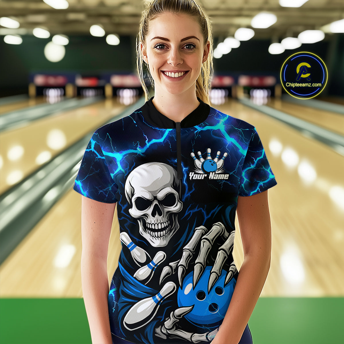 Custom Blue Lightning Thunder Skull Bowling Shirts For Women, Halloween Bowling Team Jerseys NQS10720