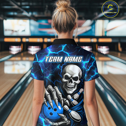 Custom Blue Lightning Thunder Skull Bowling Shirts For Women, Halloween Bowling Team Jerseys NQS10720