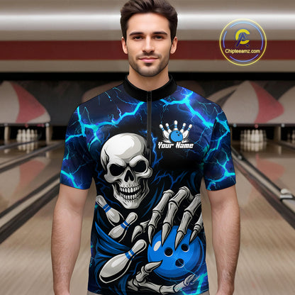Custom Blue Lightning Thunder Skull Bowling Shirts For Men, Halloween Bowling Team Jerseys NQS10720