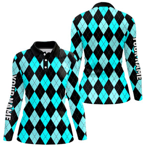 Womens golf polo shirts custom Cyan Blue and black argyle plaid pattern golf attire for ladies NQS8767